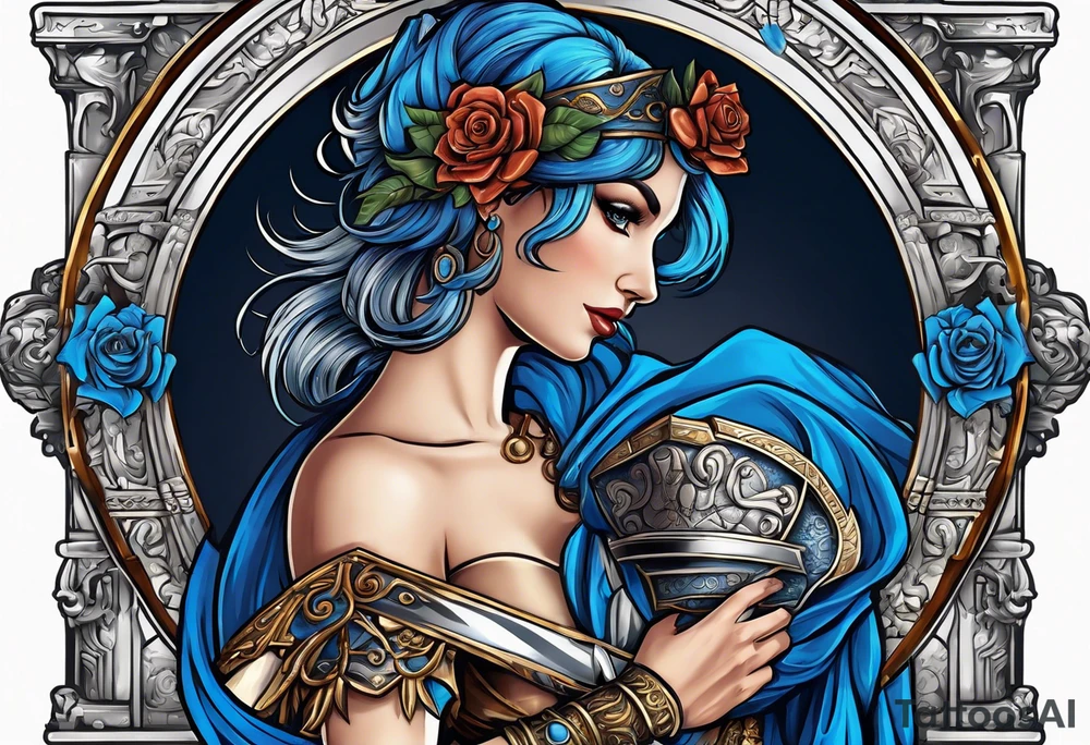 ancient rome clothes women, with Libra in one hand and a sword in the other, blue rose frames tattoo idea
