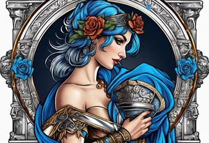ancient rome clothes women, with Libra in one hand and a sword in the other, blue rose frames tattoo idea