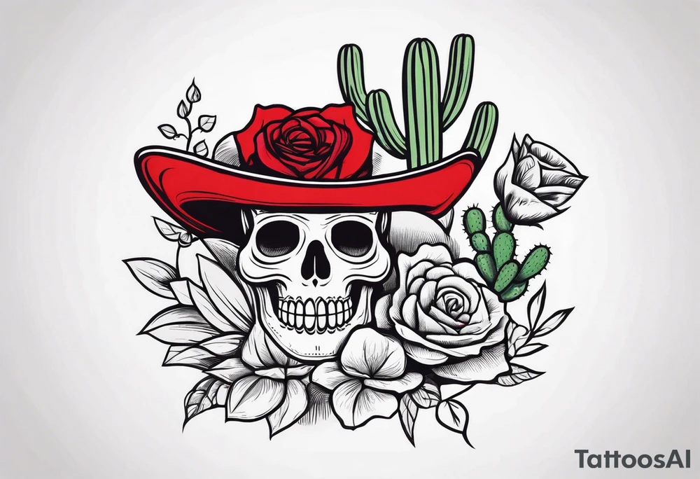 red rose, Mexican hat, cactus, without skull, day of dead tattoo idea