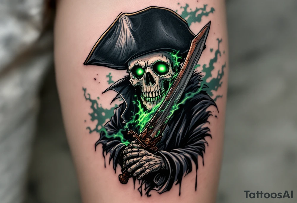 Ghost Captain’s Curse – A skeletal pirate captain with a tattered black tricorn hat and a rotting navy coat, gripping a rusty cutlass. His hollow eye sockets with an mist, and a ghostly green aura swirls around him. tattoo idea