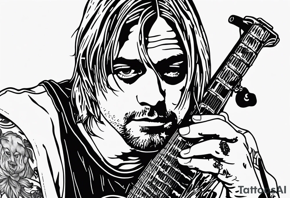 Kurt Cobain, slipping on a banana pill with a heroin needle in his arm, and a shotgun in the other arm tattoo idea