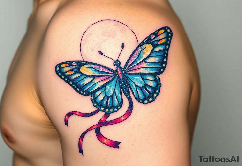 ethereal butterfly with flowing silk ribbons in moonlight tattoo idea