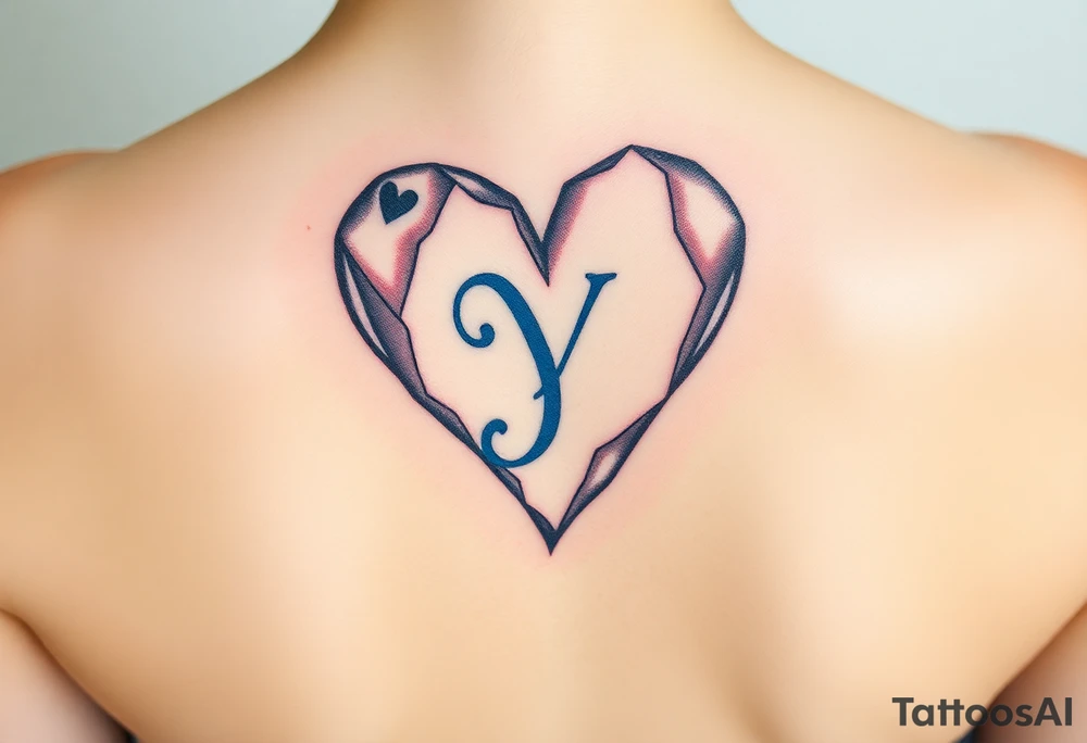 A shattered glass heart with the letter "Y" in blue, symbolizing love’s fragility and strength. tattoo idea