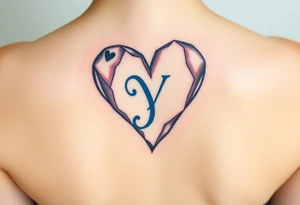 A shattered glass heart with the letter "Y" in blue, symbolizing love’s fragility and strength. tattoo idea