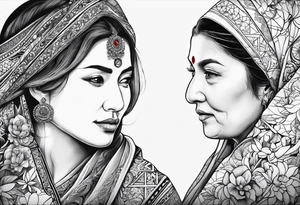 three person side by side. Daughter on the left, mother in the middle, really old grandmother on the right. greater age difference tattoo idea