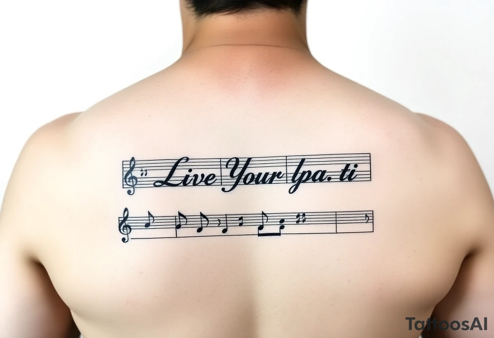 sheet music with the first 1 minute of Santana's song samba pa ti with the phrase "Live Your Lyrics" in fancy cursive between the top and bottom staves tattoo idea