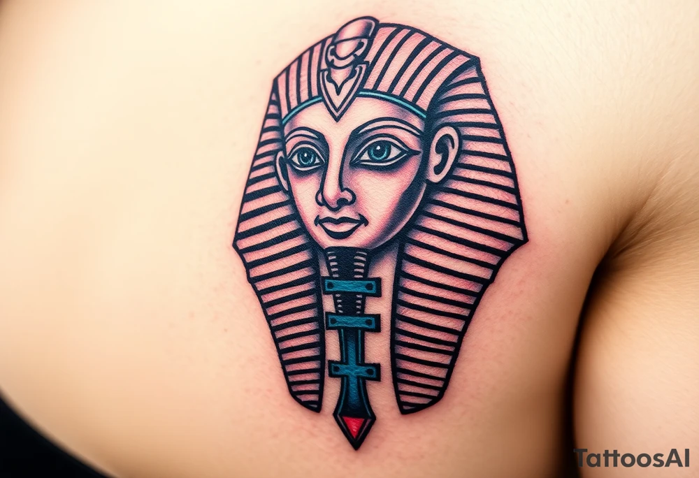 A Pharaoh’s Mask with a Hidden Cross in the Design (only red , blue and black are possible colors) tattoo idea