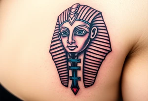 A Pharaoh’s Mask with a Hidden Cross in the Design (only red , blue and black are possible colors) tattoo idea