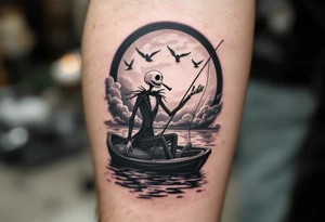 jack skellington in sun spotlight fishing in boat, on calm river, smoking cigar, big clouds, waving at angels in sky. tattoo idea