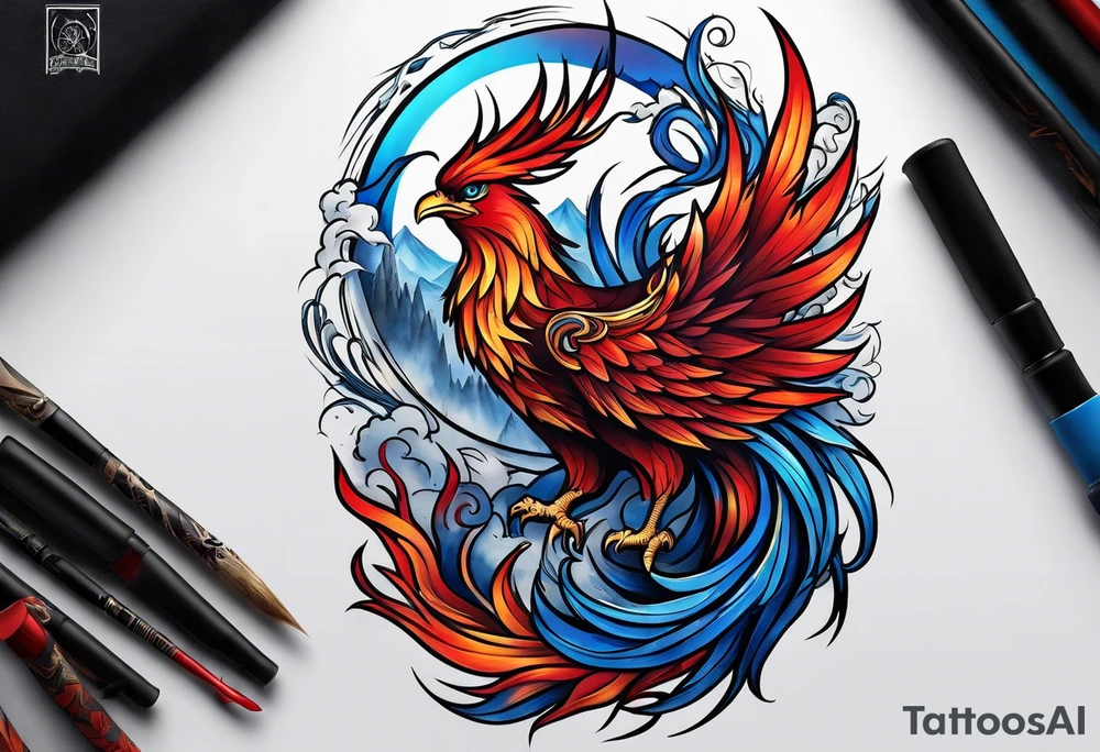 Blue and red Phoenix on fire on a mountain tattoo idea