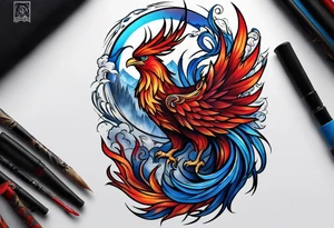 Blue and red Phoenix on fire on a mountain tattoo idea