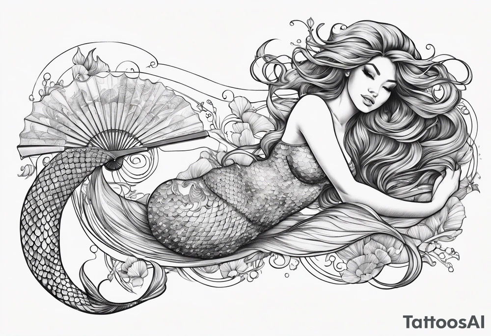 mermaid lying on her back with flowing hair and fan tail tattoo idea