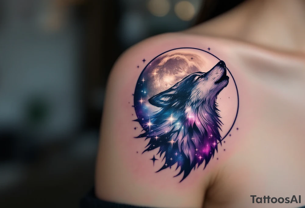 Howling wolf with the moon inside its body, moon filled with a galactic pattern of purple, indigo, and shimmering silver stars. tattoo idea