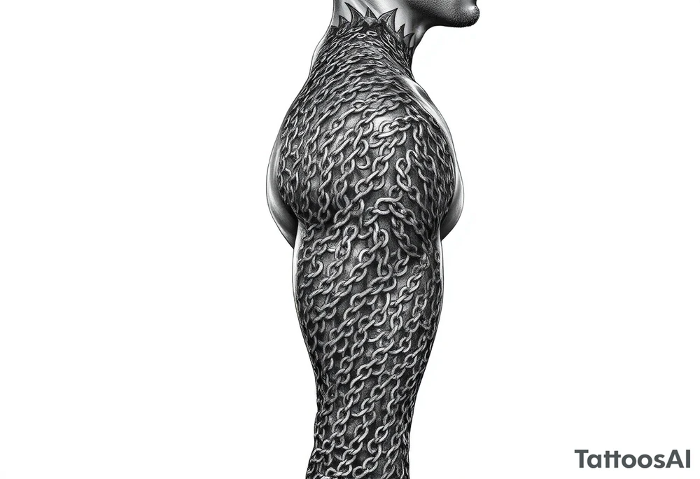 Huge shoulder tattoo of chainmail covering entire arm up to neck tattoo idea
