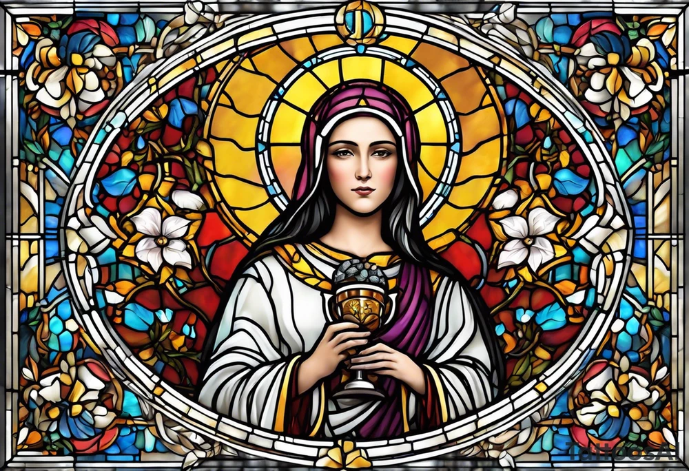 holy saint woman with halo stained glass holding a chalice tattoo idea