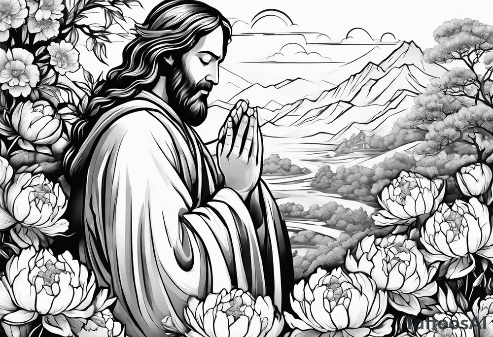 Jesus Christ praying in a peony garden and healed a blind man tattoo idea