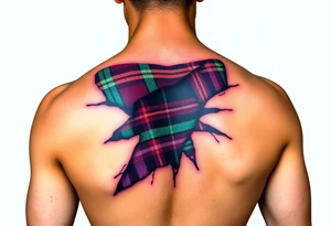 Dark Purple with green pink blue and white highlights tartan fabric on arm with skin ripping away to reveal tartan underneath tattoo idea