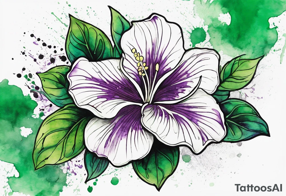 An outline of a rio dipladenia flower with a green/purple watercolor splash in the background tattoo idea