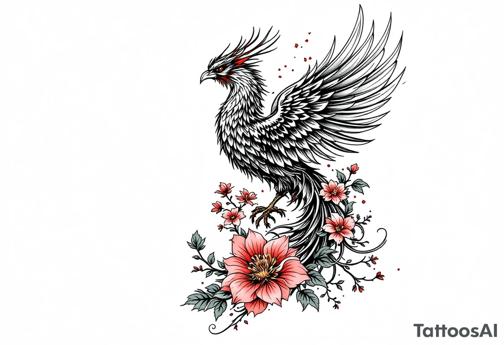 powerful japanese phoenix surrounded by maple leaf and cherry blossom tattoo idea