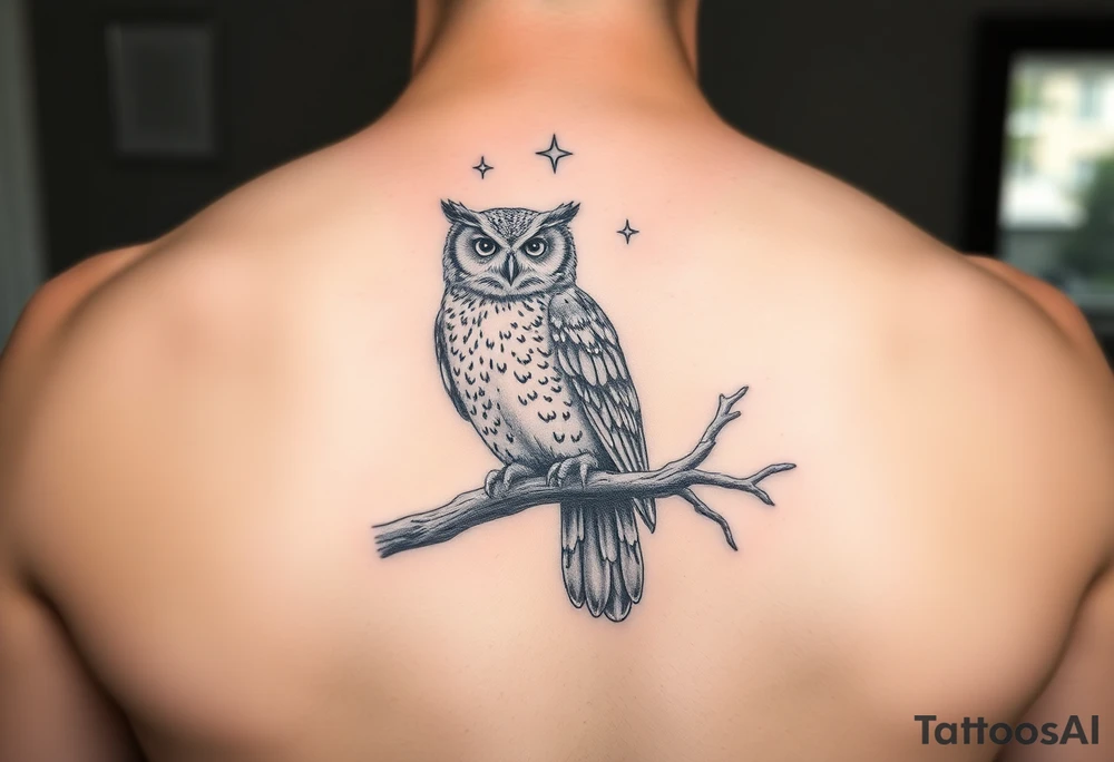 wise owl perched on ancient oak branch under starlit sky tattoo idea
