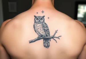 wise owl perched on ancient oak branch under starlit sky tattoo idea