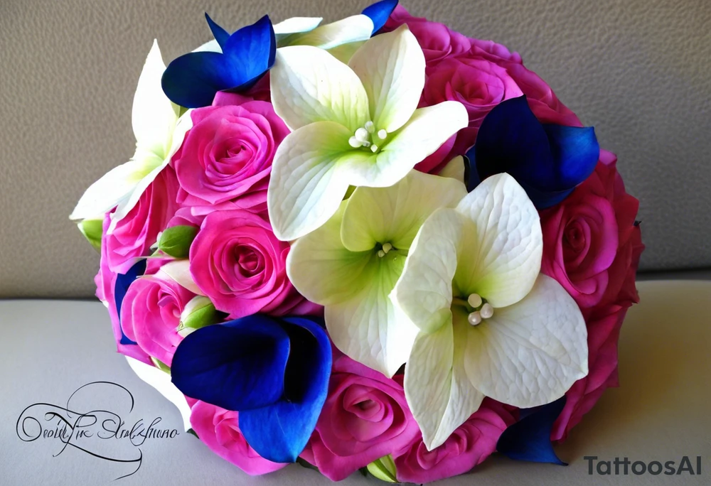 based on my wedding flowers for my wrist:Light pink hydrangea petals, white hydrangea petals, deep blue hydrangea petals, hot pink hydrangea petals, baby pink roses, hot pink roses, light pink stargazer lilies. With some purpley/bluey delphinium petals and tiny white and light pink flowers. With leaves weaving between them all and festoon and fairy lights around the outside, giving the flowers a glow. tattoo idea