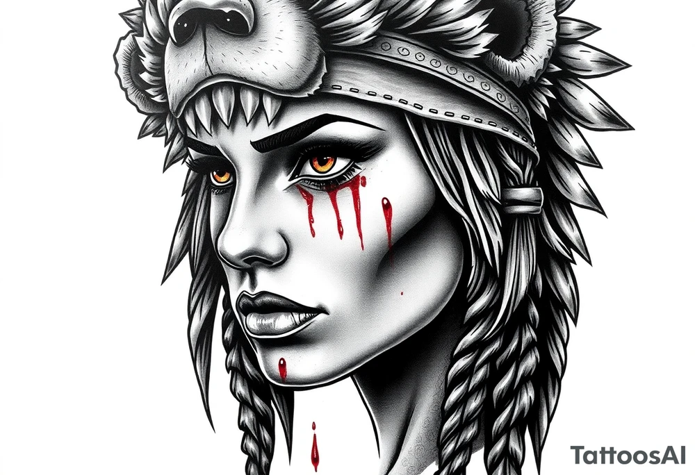 Beautiful Womans with colored eyes, shedding a tear, with battle scars and blood on face, wearing a mean looking bear headdress on head tattoo idea