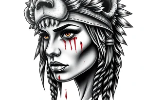 Beautiful Womans with colored eyes, shedding a tear, with battle scars and blood on face, wearing a mean looking bear headdress on head tattoo idea