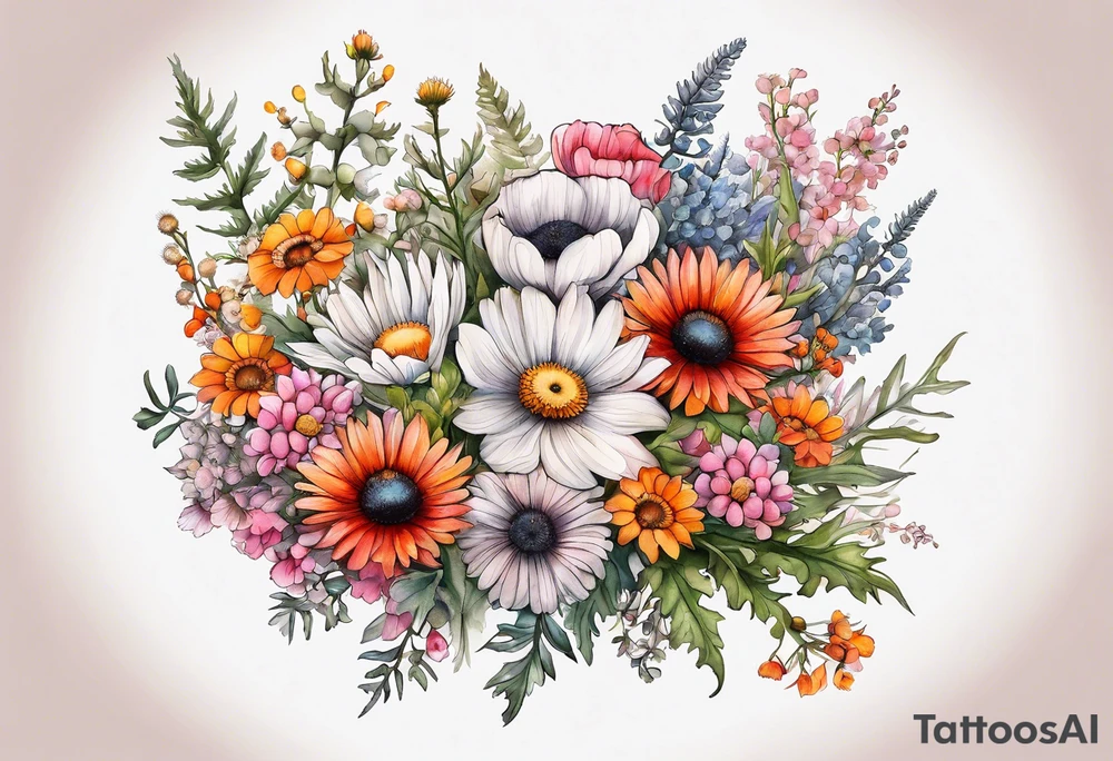 wildflower bouquet with thistles, ferns, white anemones, sun flowers, orange flowers, pink flowers, red flowers, babys breath and daisies all in watercolor tattoo idea