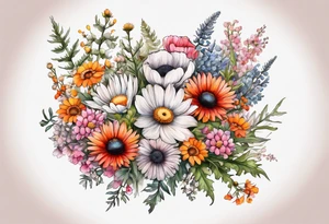 wildflower bouquet with thistles, ferns, white anemones, sun flowers, orange flowers, pink flowers, red flowers, babys breath and daisies all in watercolor tattoo idea
