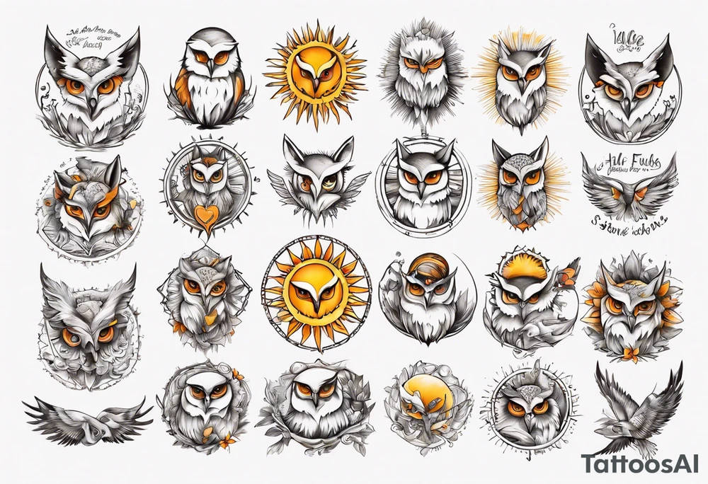 halb 
Fuchs halb Eule unter der Sonne mit dem Schriftzug Sapere Aude tattoo idea