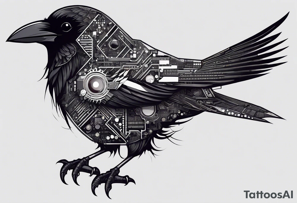 An epic-looking crow sitting on a perch with intricate circuit boards and PCB designs running throughout its feathers. The crow's eye features a tiny CPU fitting perfectly in its pupil. The tattoo will be placed on the outer bicep, primarily in black ink with a small splash of color to make certain elements pop. tattoo idea