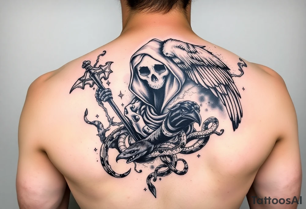 Mix grim reaper, snakes, crow and smoke tattoo idea