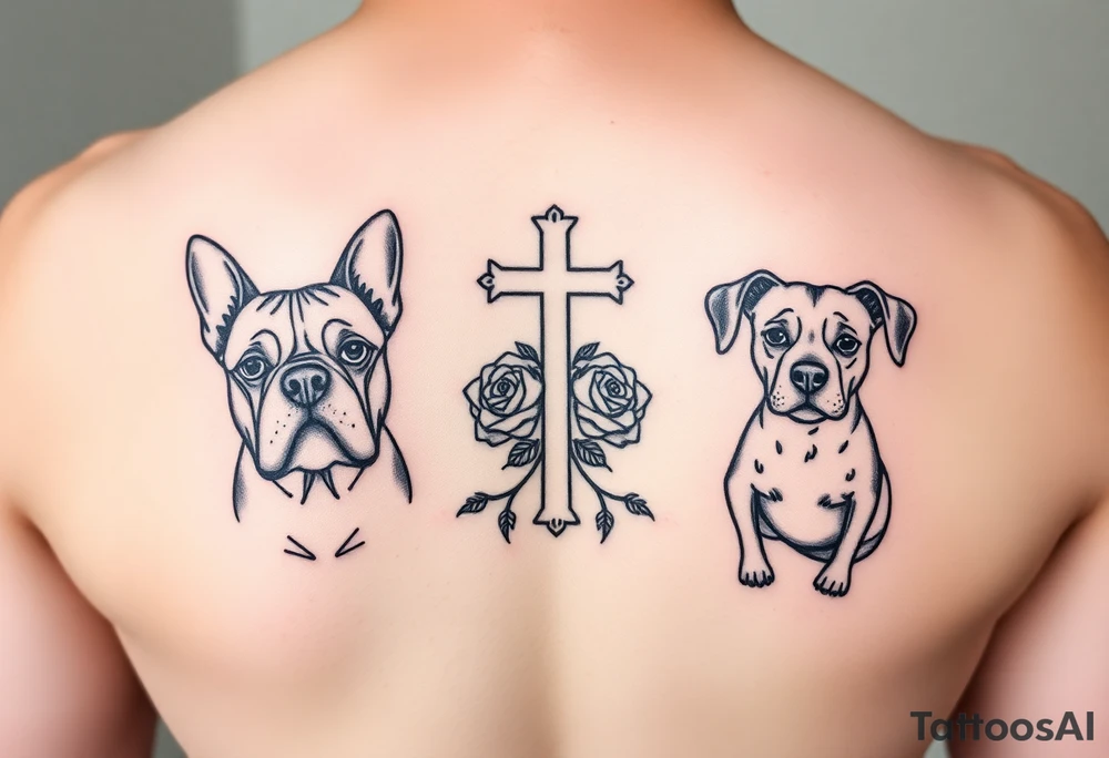 2 bulldogs with 2 dachunds with a paw print, a cross with roses, and a dinosaur tattoo idea