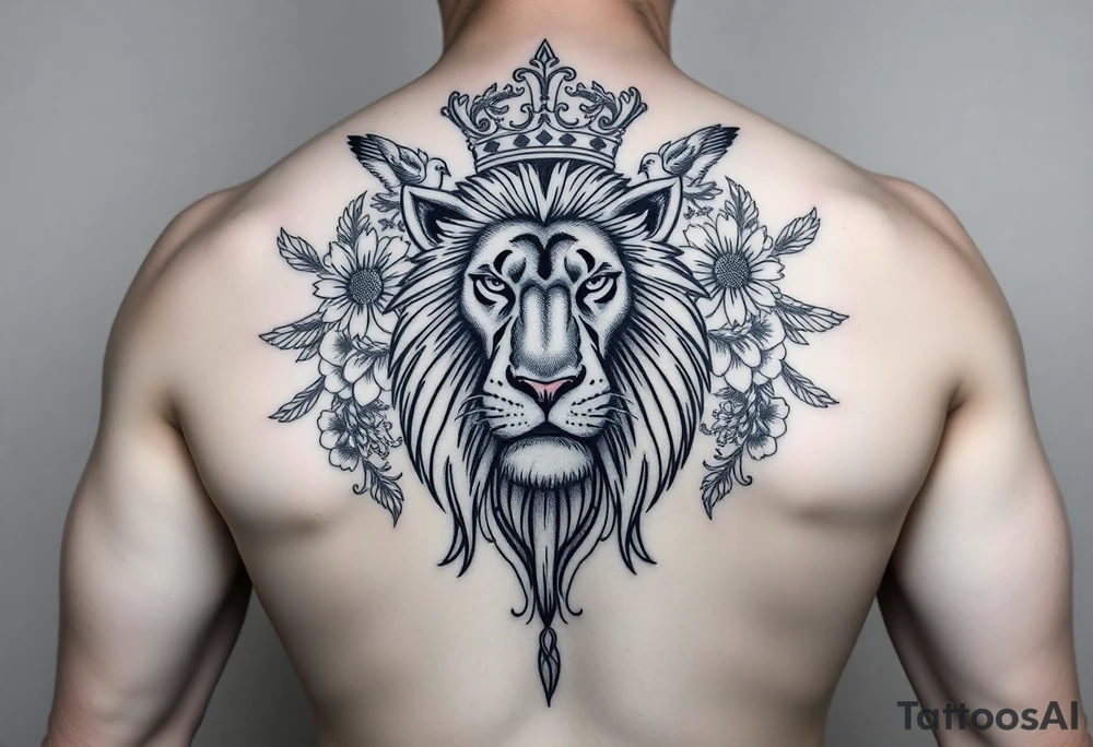 powerful majestic lion with a crown, surrounded by floral ornaments and birds tattoo idea