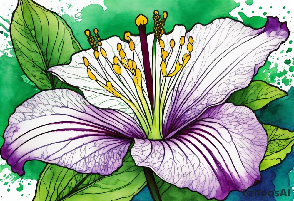 An outline of an only green rio dipladenia flower and a green and purple watercolor splash in the background tattoo idea
