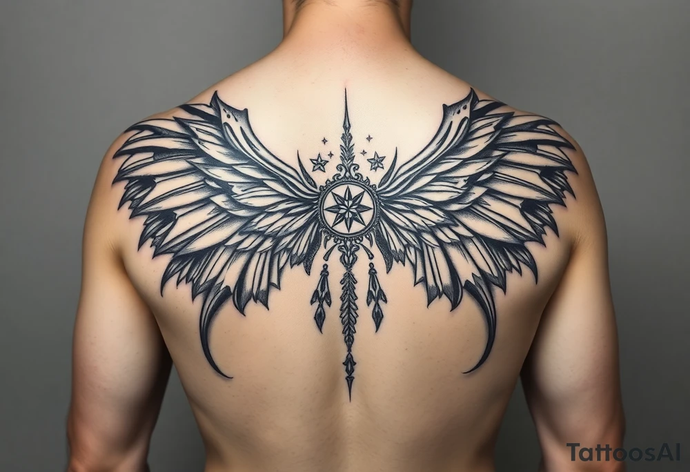 maximalist, cyber sigilism, organic touches, back tattoo, whimsical, witchy, hippie, fairy wing like, maximalistic, very very complex and big, detailed tattoo idea