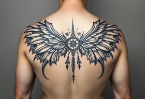 maximalist, cyber sigilism, organic touches, back tattoo, whimsical, witchy, hippie, fairy wing like, maximalistic, very very complex and big, detailed tattoo idea