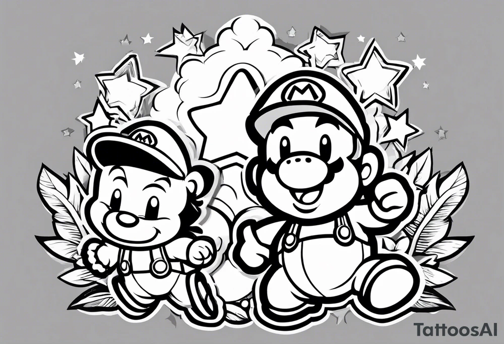 Baby mario and donkey kong jumping for a mario star. Baby Mario's hat says Kade. Donkey Kong's tie says Kyle tattoo idea