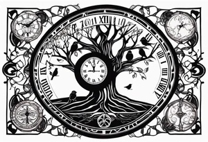 Masculine tree of life with clock in trunk, birthdates and sparrows representing grandparents tattoo idea