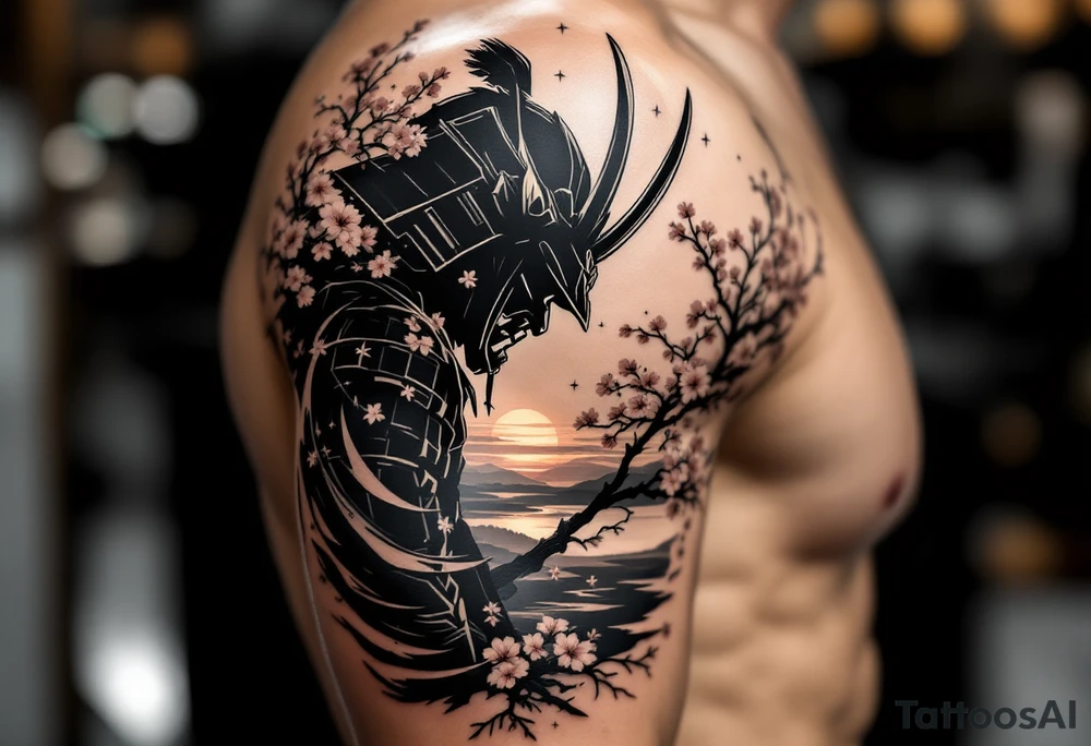 noble samurai warrior silhouette at sunset with cherry blossoms tattoo idea