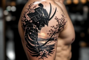 noble samurai warrior silhouette at sunset with cherry blossoms tattoo idea