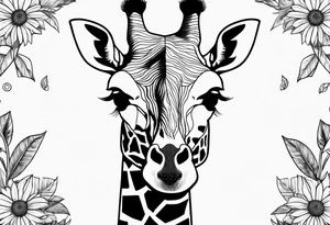 giraffe front view with sunflower and leafs tattoo idea