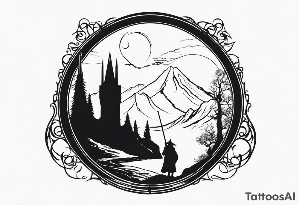 Lord of the rings. Small and very simple. Include Round hobbit door, gandalfs staff, barad dur silhouette in background, the word “always” subtly somewhere, Harry Potter wands tattoo idea