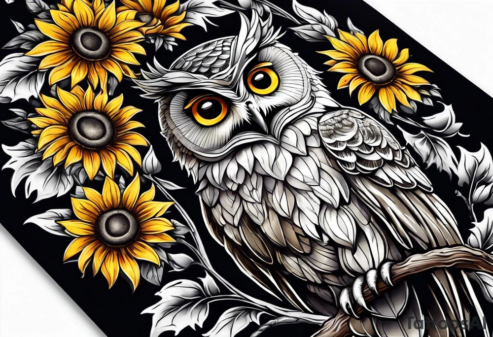 Arm sleeve with an owl and butterfly surrounded by sunflowers tattoo idea