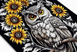 Arm sleeve with an owl and butterfly surrounded by sunflowers tattoo idea