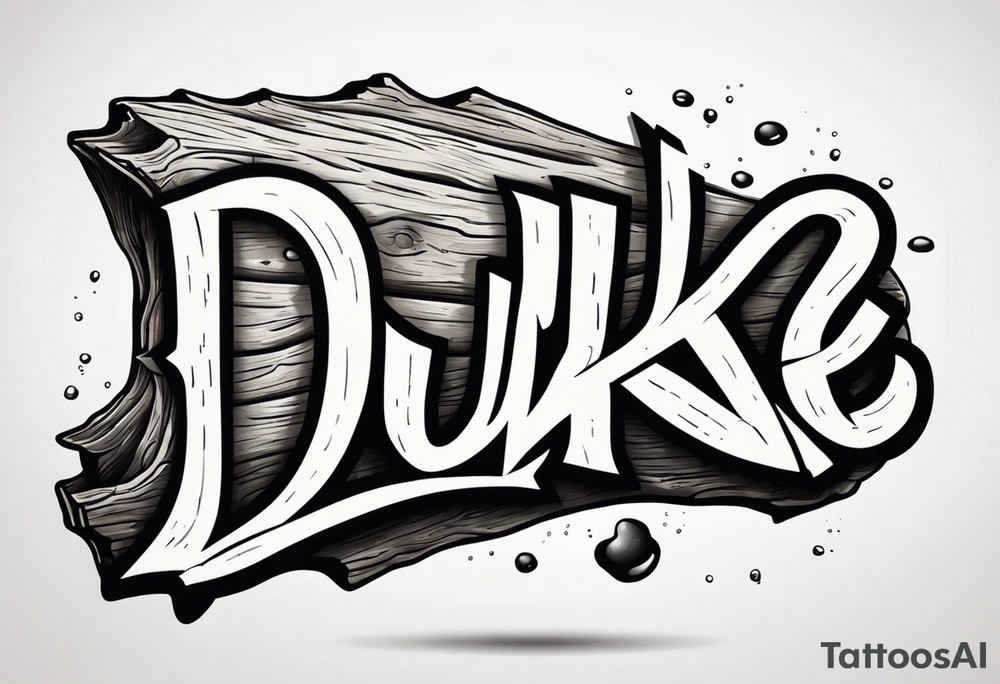 piece of driftwood underwater with the word duke written in the wood tattoo idea