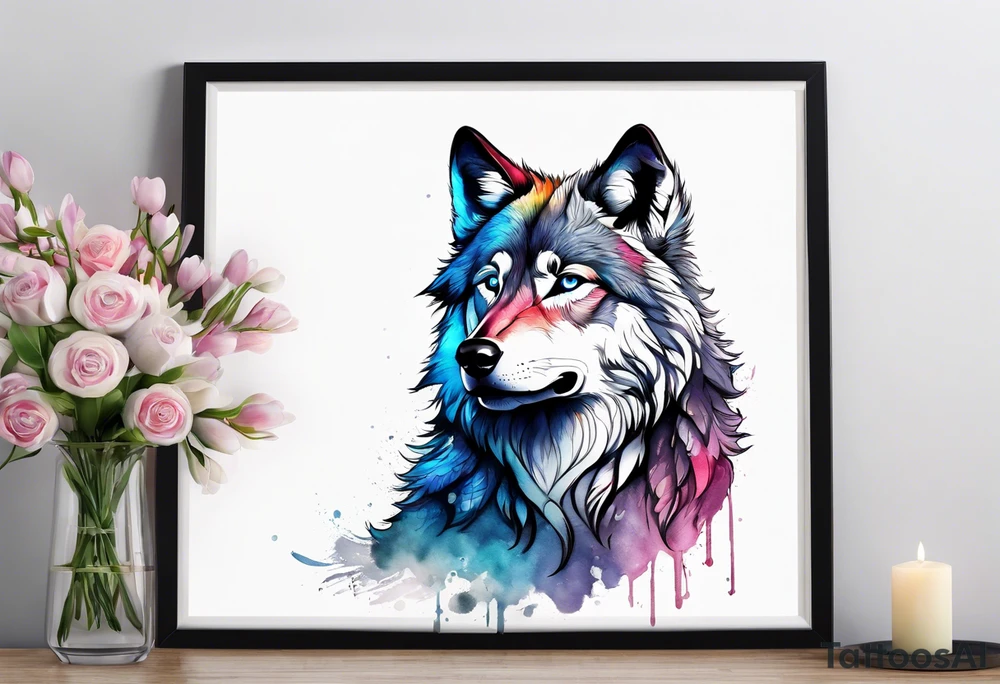 Fluffy wolf sitting upright tattoo idea