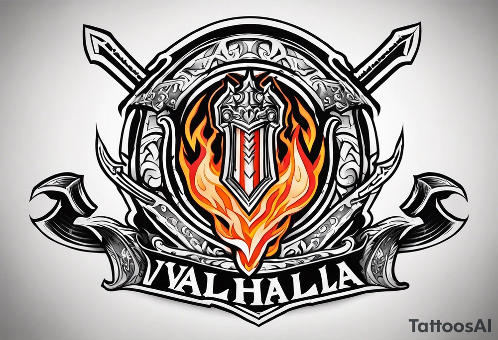 Valhalla on  fire shield sword tattoo idea