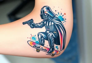 Darth Vader skateboarding with gun> bullets > memorial > god > colors > futuristic/space/star wars
add name "Darth Carter" on skateboard
add date 12/29/88-01/06/24 tattoo idea